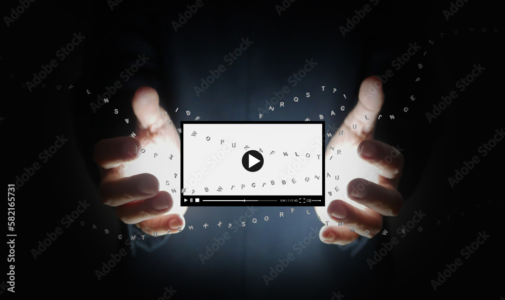 Poster text to video concept, text-to-video by generative ai. language model technology. hands holding vdo 