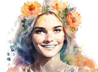 Watercolor young woman with flowers portrait art. Woman with flowers in hair isolated on white background. Watercolor illustration