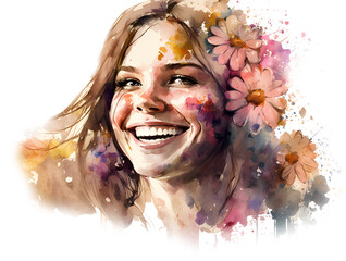 Watercolor young woman with flowers portrait art. Woman with flowers in hair isolated on white background. Watercolor illustration