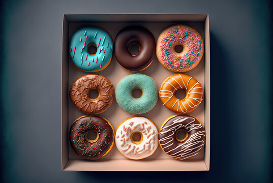 Donuts pastry sweet and colorful donuts cakes in box, top view. Generative AI.