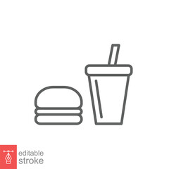 Hamburger and soft drink cup icon. Simple outline style. Fast food, burger, restaurant concept. Thin line symbol. Vector illustration isolated on white background. Editable stroke EPS 10.
