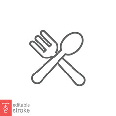 Spoon and fork icon. Simple outline style. Silverware, kitchen, cutlery, table, restaurant concept. Thin line symbol. Vector illustration isolated on white background. Editable stroke EPS 10.