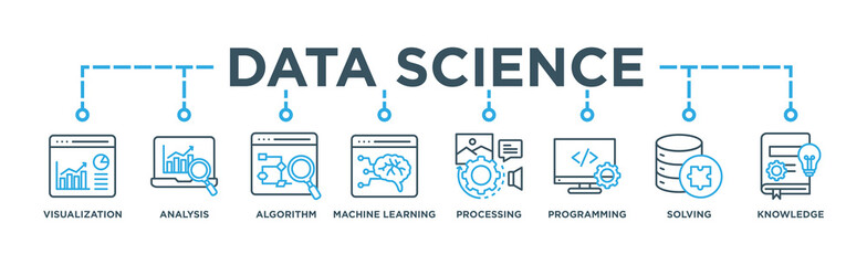Data science banner web icon vector illustration concept with icon of  Data Visualization, Data Analysis, Algorithm, Processing, Machine Learning, Programming, Solving, Knowledge