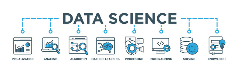 Data science banner web icon vector illustration concept with icon of  Data Visualization, Data Analysis, Algorithm, Processing, Machine Learning, Programming, Solving, Knowledge