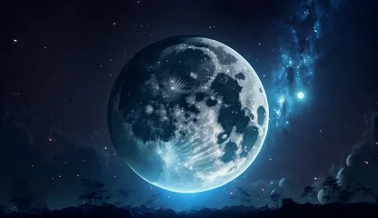 Photo sur Plexiglas Pleine Lune arbre Big moon in the sky surrounded by stars and clouds