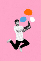 Poster banner collage of funny young guy using netbook chatting friends global social media network send mind cloud