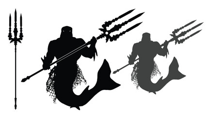 A black silhouette with a fish man, a half shark, he has a long mermaid tail and a muscular Greek body with fins on his arms and a shark's head, he holds a trident in his hands. 2d vector art