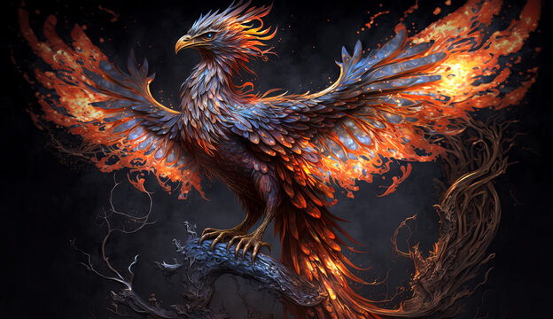 Phoenix bird risen from the ashes, fire bird. Burning bird.