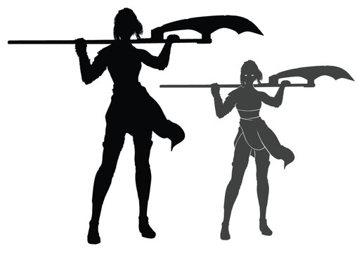 A Black Silhouette With A Beautiful Tall Warrior Girl, She Is An Executioner With A Giant Halberd With A Long Blade, Standing In A Relaxed Pose, Laying An Axe On Her Shoulders. 2d Vector Art