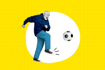 Magazine bright template collage of active energetic grandfather support national team play football
