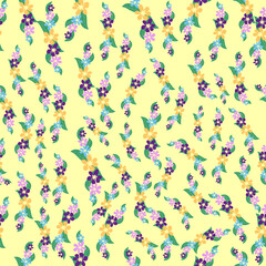 Fantasy seamless floral pattern with blue, azure, tsman, lavender flowers and leaves. Elegant template for fashion