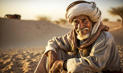 Portrait of a smiling Bedouin man in the desert. Created with Generative AI technology. - obrazy, fototapety, plakaty