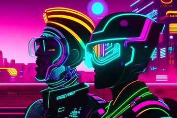 Fototapeta na wymiar close up cyberpunk illustration, black and neon colors, latin young straight short hair man open mouth talking excited, bakcground with a city and buses, music, neon colors, digital neon wave line:1.