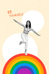 Magazine creative image collage of funny young lady standing on rainbow color fight for lgbt right pride self identity