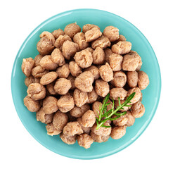 Soy meat in a plate isolated on white background. Vegan meat. Top view.