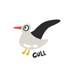 Gull. Hand drawn vector cartoon illustration for kids. Amusing Sea Animal