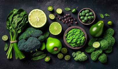 Flat Lay of Fresh Healthy Vegetable on Dark Background. generative Ai.