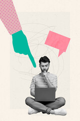 Creative minimal photo collage artwork stereotype minded office worker guy sitting hold netbook...