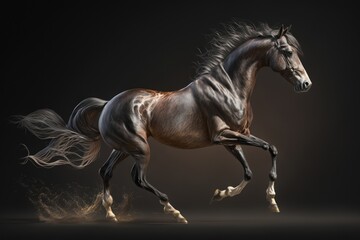 Fototapeta na wymiar Running brown horse on black background. Generative AI.