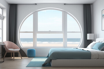 Interior of modern style bedroom with large bed and sea view. Summer holiday at luxury resort. AI Generated.
