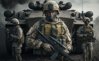 Obraz premium Soldiers in battle field. Army troops ready for war. Generative AI.