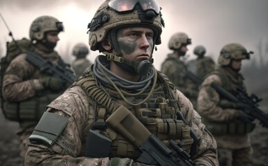Obraz premium Soldiers in battle field. Army troops ready for war. Generative AI.