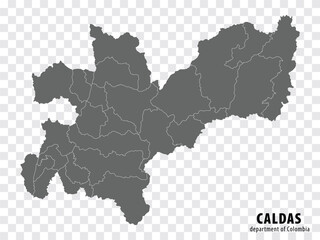 Caldas Department of Colombia map on transparent background. Blank map of  Caldas with  regions in gray for your web site design, logo, app, UI. Colombia. EPS10.