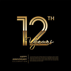 12th anniversary logo with double line style. Gold line art design. Logo Vector Template