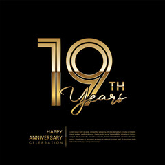 19th anniversary logo with double line style. Gold line art design. Logo Vector Template