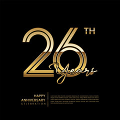 26th anniversary logo with double line style. Gold line art design. Logo Vector Template