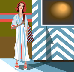 vector illustration of the young attractive woman with bag in summer  outfit on the geometric background, fashion style city scene.