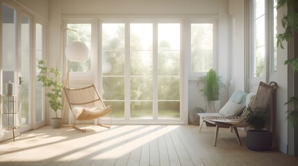 Fototapeta na wymiar Modern living room with big windows and bright light. Created with Generative AI technology.
