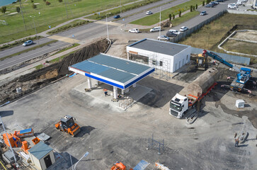 Construction of a gas station, aerial view