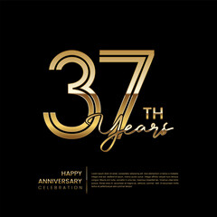 37th anniversary logo with double line style. Gold line art design. Logo Vector Template