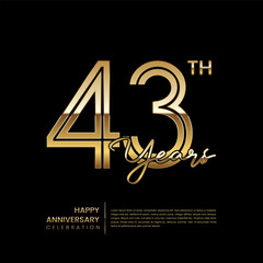 43th anniversary logo with double line style. Gold line art design. Logo Vector Template