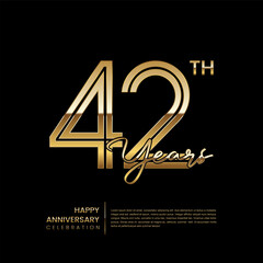 42th anniversary logo with double line style. Gold line art design. Logo Vector Template