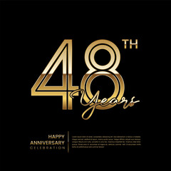 48th anniversary logo with double line style. Gold line art design. Logo Vector Template