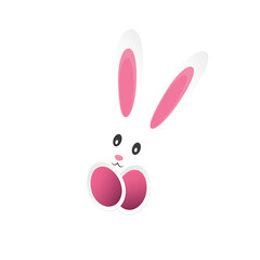 Isolated Happy Easter Template, Card Design - Funny Cute White Bunny with Long Ears and Purple Easter Eggs on Transparent Background