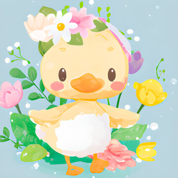 cartoon animals Duck in flower