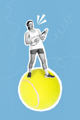 Photo template advertisement collage art of young crazy excited hold tennis racquet professional sportsman big ball isolated on blue background