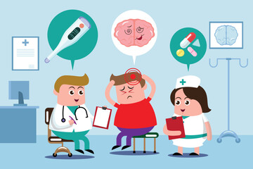 emotion cute brain vector illustration flat cartoon character, check up health together with doctor and nurse at hospital bad weak attack narcotics.