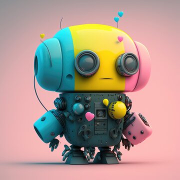 Cute small pastel robot cartoon retro style on pink background. Illustration. Generative AI