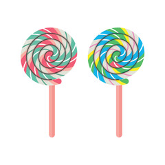 realistic colorful flat lollipop, sugar candy or gums on stick, vector set of sweet lollypops