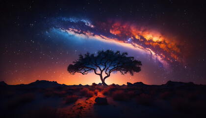 Fototapeta na wymiar Colorful Galaxy Sunset in the Desert - Generated by Generative AI