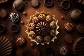 Chocolate background top lay view truffle candies