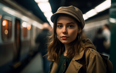Young Beautiful Girl in a New York Subway station. Lifestyle concepts about New York, travel and urban everyday life. Shallow focus, Illustrative Generative AI. Not a real person. - obrazy, fototapety, plakaty