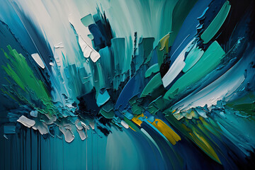 A modern abstract painting in shades of blue and green 