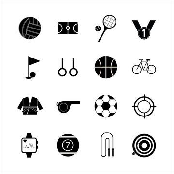 Collection of icons with different sports and healthy eating in flat design with shadows