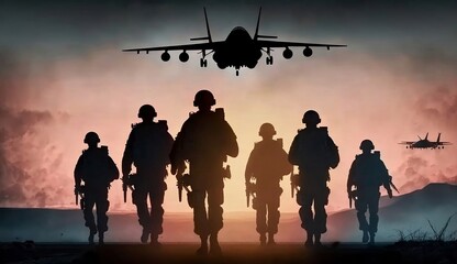 Fototapeta na wymiar Group of soldiers, silhouettes military. Generative AI
