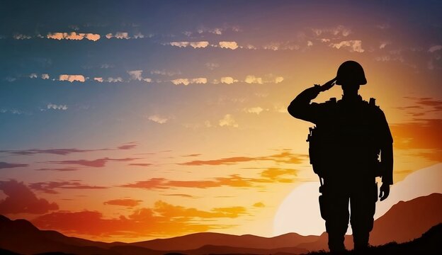 Silhouette of a soldier saluting during the setting sun. Generative AI